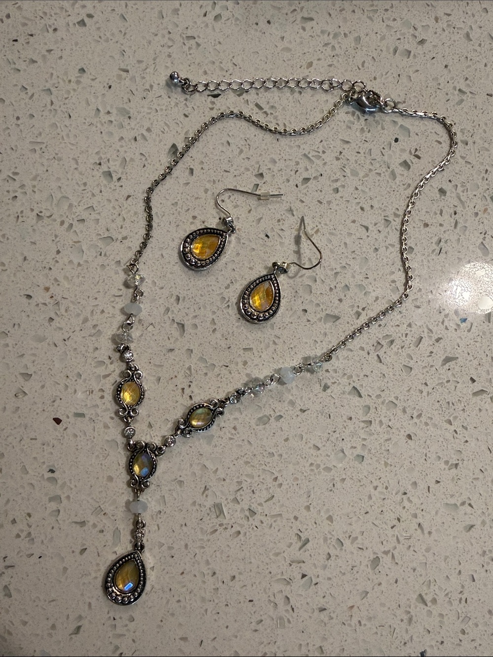 Avon Silver-Tone Yellow Teardrop Necklace and Earrings Set